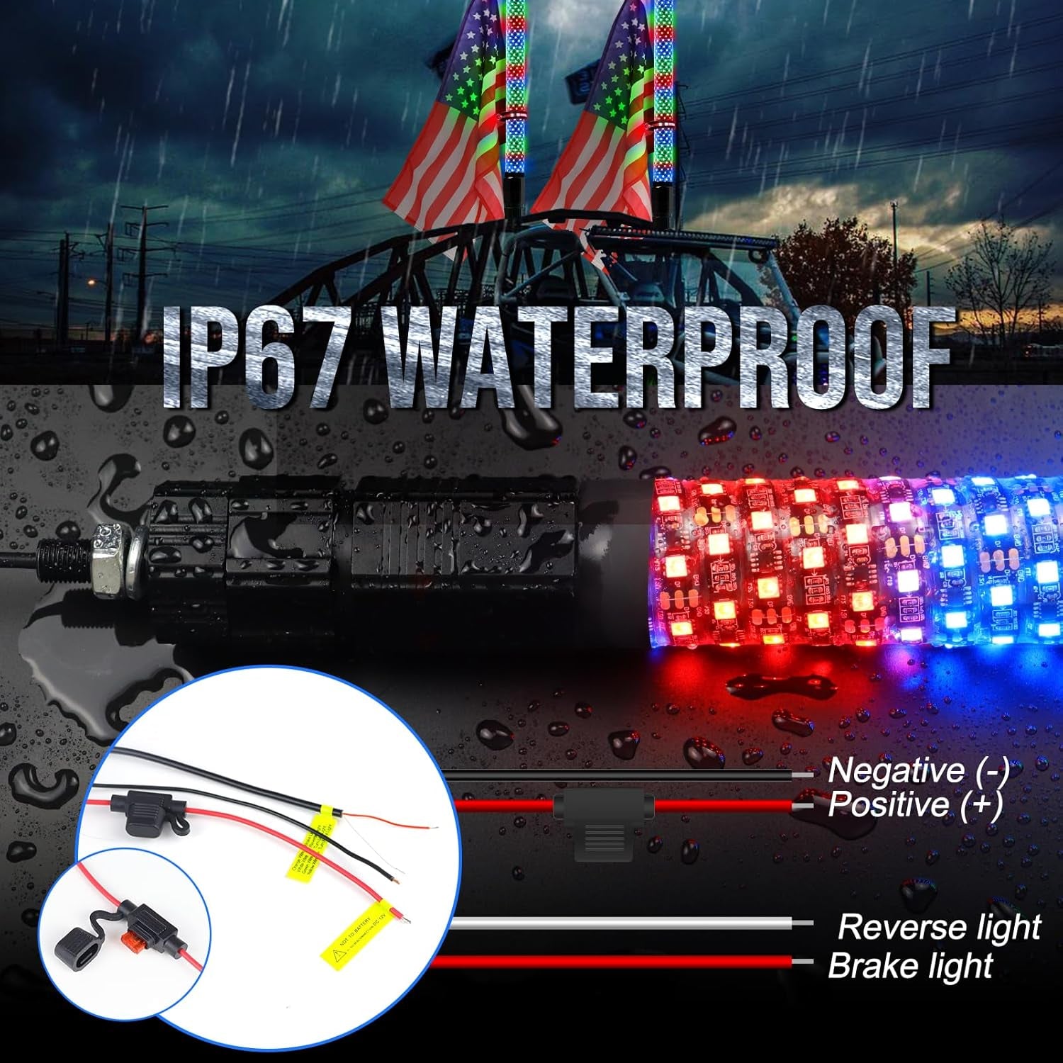 1PC 2FT Chasing LED Fat Whip Light High Density and High Brightness LED with Brake and Reverse Function-Remote and APP Control