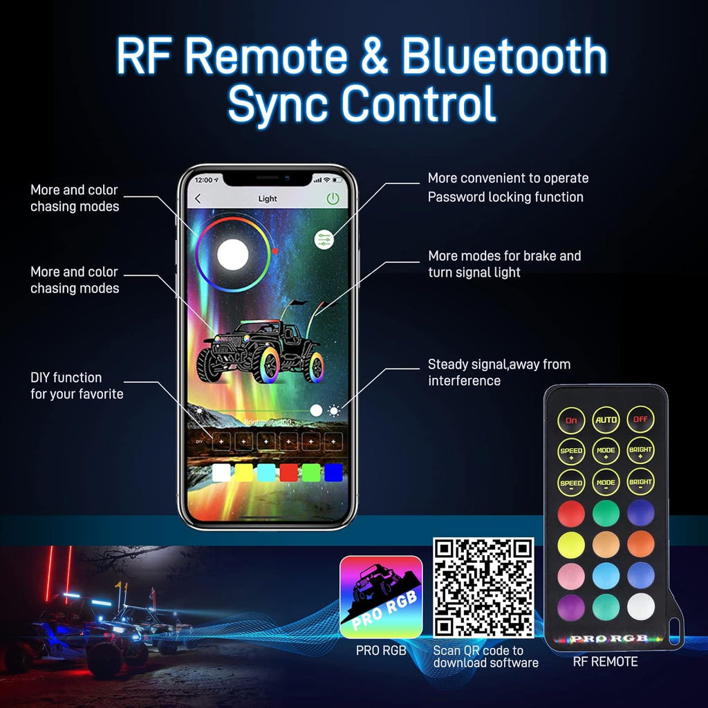 1PC 2FT Chasing LED Fat Whip Light High Density and High Brightness LED with Brake and Reverse Function-Remote and APP Control